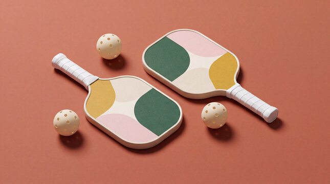 luxury sports equipment, a premium pickleball set featuring two designer paddles and matching balls on a terracotta background