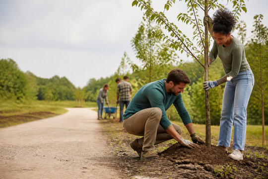 Volunteers planting young tree in countryside reforestation project
