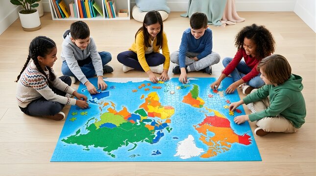 Diverse children playing with a colorful world map puzzle on floor