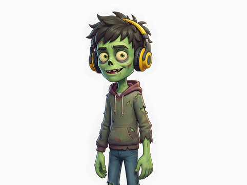Cartoon zombie boy character wearing yellow headphones