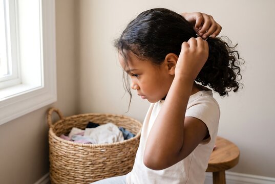 Child Brushing Hair And Practicing Personal Grooming Skills