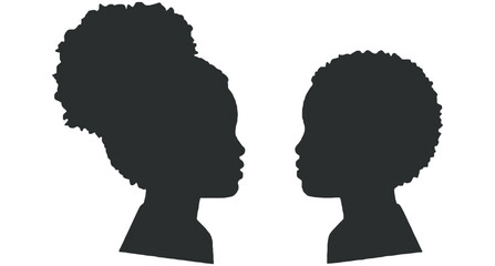 Silhouette profiles of a young african american girl with an afro hairstyle and a boy facing each other on white background