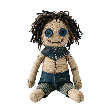 Handmade voodoo doll with button eyes and yarn hair isolated on transparent background