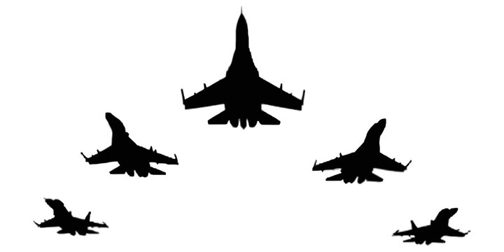 Silhouette collection of five fighter jets in various flying formations isolated on a plain white background, for aviation