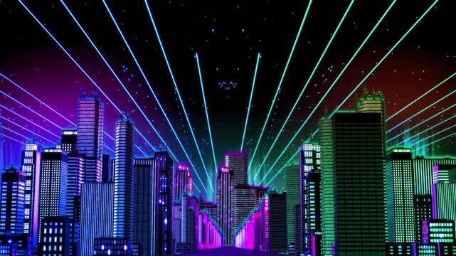 Futuristic neon city skyline with colorful lasers and glowing skyscrapers.