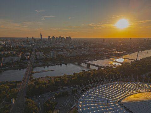 Warsaw city capitol of Poland and pge stadium at sunset