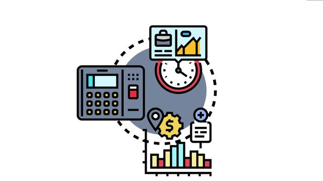 Employee attendance tracking showing a time clock, data graphs, business documents, and a clock for managing working hours and payroll processes
