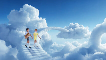 Fototapeta premium Two kids walking up cloud staircase toward floating island. Concept of learning progress, mutual support, achievement, future goals and educational motivation.
