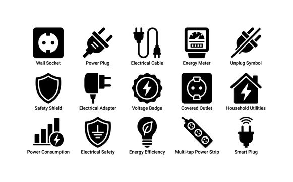 Electric Plug Controls, solid glyph icon set featuring wall socket, power plug, cable, energy meter, unplug symbol, safety shield, adapter, voltage badge, covering electricity, household utilities,