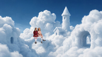 Fototapeta premium Two girls sitting together beside cloud castle in blue sky. Concept of friendship, trust, imaginative play, emotional connection and children book publishing.