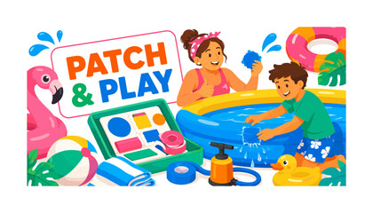 Fototapeta premium Pool Patch Rescue banner showing two expressive family members repairing a leaking inflatable pool, with an oversized inflatable pool wall and oversized patch kit, plus air pump, repair tape, towel,