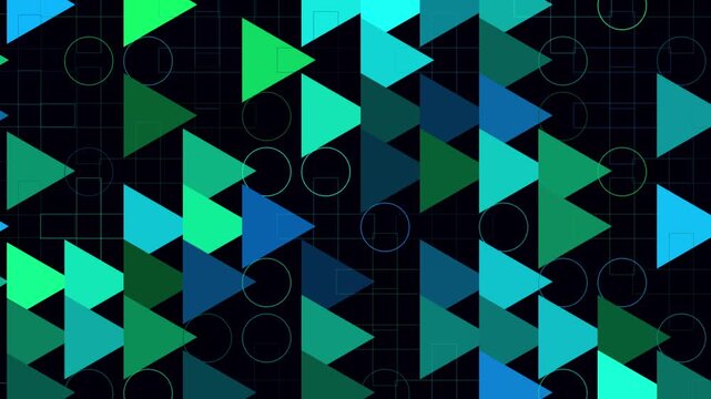 Futuristic abstract pattern featuring layered teal, cyan, and navy geometric triangles with subtle circular outlines on a black background