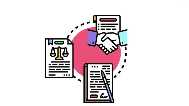 Legal professionals are completing a significant document signing agreement, symbolizing partnership and contract finalization through a handshake, judicial scales, and written commitment