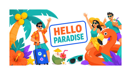 Fototapeta premium Hello Paradise wide panoramic website header banner with 2 expressive stylized travelers waving beside oversized palm tree and giant lagoon float spanning all four edges, with suitcase, coconut drink,