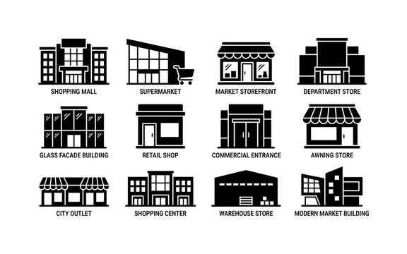 Retail Building Exteriors, solid glyph icon set featuring shopping mall, supermarket, market storefront, department store, glass facade building, retail shop, commercial entrance, awning store, city