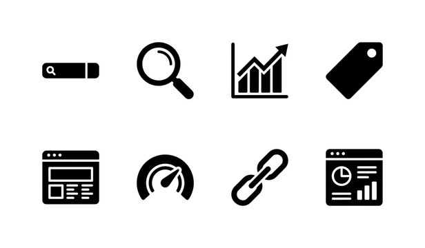 SEO Optimization Tools, solid glyph icon set featuring search bar, magnifier, ranking chart, keyword tag, browser, speed gauge, link chain and analytics dashboard, covering SEO, search marketing,