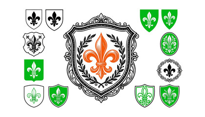 Collection of heraldic shields and decorative fleur de lis emblem symbols in green and orange vector illustration © MDNUR