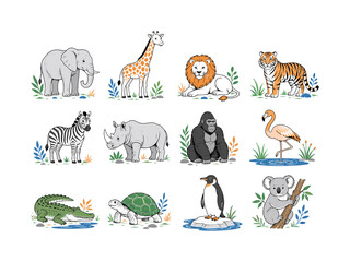 Obraz premium Safari Animal Collection, clean editorial illustration set, 12 separate wildlife illustrations featuring elephant, giraffe, lion, tiger, zebra, rhinoceros, gorilla, flamingo, crocodile, turtle,