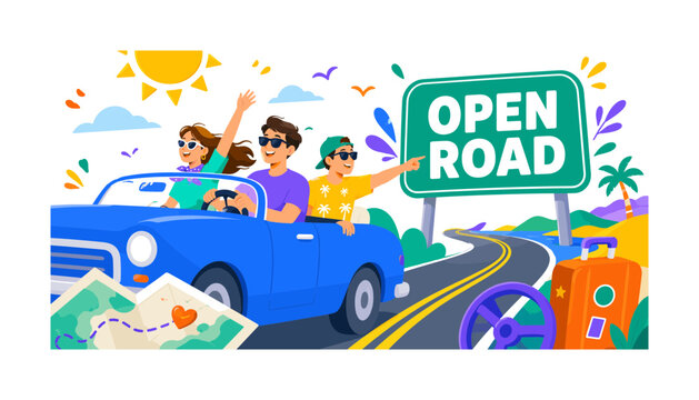 Open Road Fling banner scene with three expressive stylized human road trippers interacting with an oversized convertible car and giant open road sign, highway curve reaching bottom edge, summer sun