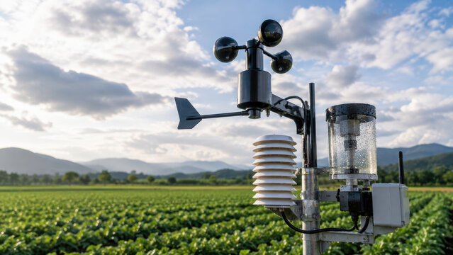 Weather intelligent farming field sensor weather station in green farm field under cloudy sky with mountain landscape and wind sensor