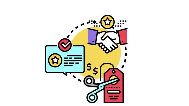 Business concept presenting a handshake symbol, speech bubble with text, and scissors cutting a price tag, symbolizing strategies for customer acquisition and offering discounts