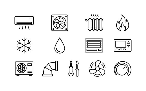 HVAC Climate Control, line icon set featuring air conditioner, ventilation fan, heating radiator, flame, snowflake, water droplet, air vent, thermostat, heat pump, duct, propeller and climate control