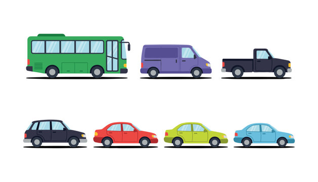 Set of flat vector illustration of various city vehicles including green bus van pickup truck and colorful cars