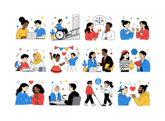 Fototapeta premium Inclusive Community Experiences — colorful editorial illustration set with exactly 12 separate mini scenes arranged in a 4x3 grid: multicultural teamwork, wheelchair accessibility, gender equality