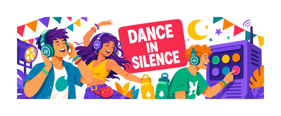 Fototapeta premium Silent Disco Festival Night Banner illustration showing three young adults dancing with oversized wireless headphones beside a large outdoor sound transmitter, one adjusting a headset, one spinning,