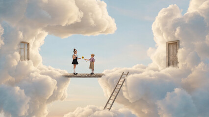 Fototapeta premium Children meeting across bridge between giant cloud islands. Concept of connection, cooperation, overcoming distance, new friendships and social inclusion campaigns.