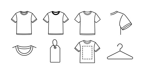 Fototapeta premium T Shirt Template, line icon set, create 8 clean outline icons in a 4x2 layout showing front t-shirt, black shirt variant, white shirt outline, short sleeve detail, collar shape, apparel tag, print