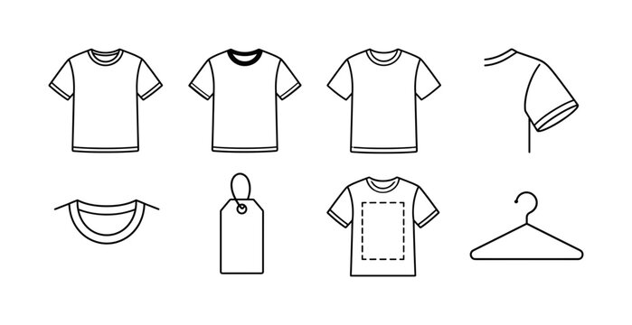 T Shirt Template, line icon set, create 8 clean outline icons in a 4x2 layout showing front t-shirt, black shirt variant, white shirt outline, short sleeve detail, collar shape, apparel tag, print