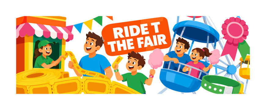 County Fair Tickets banner showing three expressive family visitors buying ride passes at a summer fair, with an oversized ticket roll and oversized Ferris-wheel gondola, plus cotton candy, wristband,