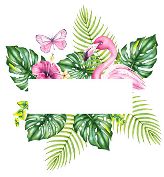 Tropical frame with flamingos and coconuts. Botanical wreath of summer tropical plants and birds for designing cards, invitations, and branding. Coconut. Flamingos.