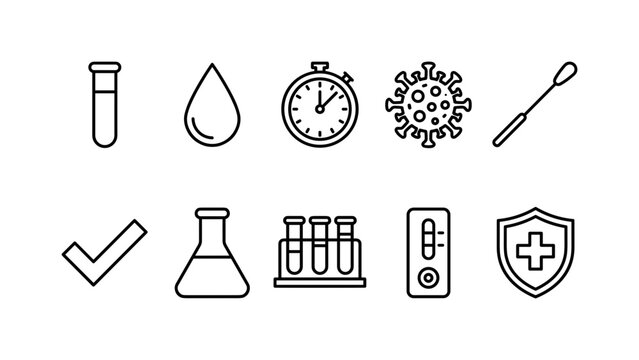 Rapid Covid Testing, line icon set featuring test tube, blood drop, timer, virus symbol, swab, checkmark, medical flask, laboratory tray, rapid test cassette, health shield, covering coronavirus