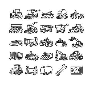 Heavy Farm Machinery line icon set, 25 bold outline icons featuring tractor, combine harvester, plow, baler, cultivator, seed drill, forage harvester, sprayer, grain cart, loader, mower, manure