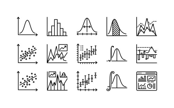 Statistical Bell Curves, line icon set featuring normal distribution curve, histogram, standard deviation markers, probability graph, density chart, random variable plot, finance chart, science