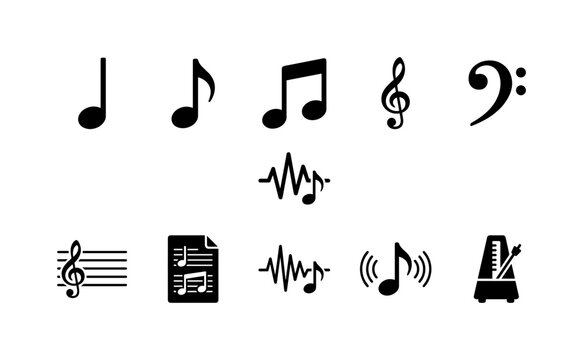 Musical Note Symbols, solid glyph icon set featuring quarter notes, eighth notes, paired notes, treble clef, bass clef, music key, sheet music symbol, melody wave, sound note and rhythm icon, covering