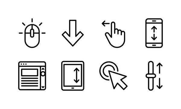 Scroll Navigation Tools, line icon set featuring mouse wheel, down arrow, swipe gesture, smartphone screen, landing page, tablet, pointer and scroll bar, covering websites, mobile navigation and user