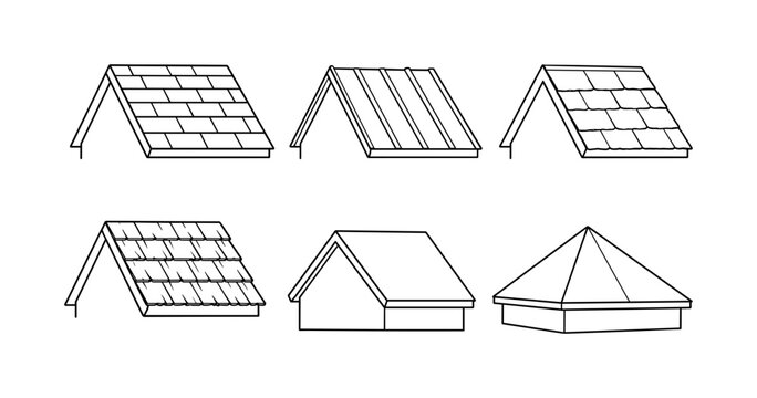 Roofing Style Collection, line icon set, 6 clean outline icons featuring asphalt shingle roof, metal roof, slate roof, wooden shake roof, gable roof and hip roof, arranged in a balanced 3x2 grid for