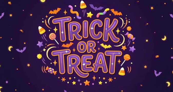 2D Halloween animation with colorful candy pieces bouncing gently around the words &ldquo;TRICK OR TREAT&rdquo;