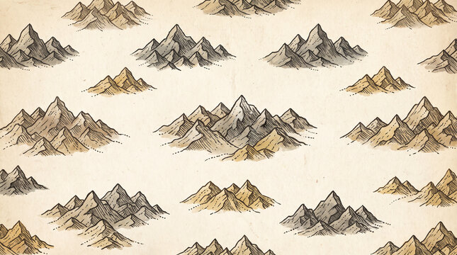 Seamless pattern of vintage hand drawn fantasy mountain ranges and peaks on aged parchment paper with copy space