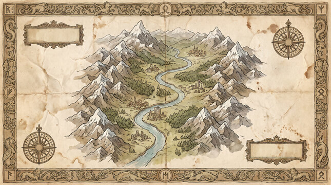 Vintage hand drawn fantasy map of mountain valley with river runes watercolor elements and blank text banners on aged parchment with copy space