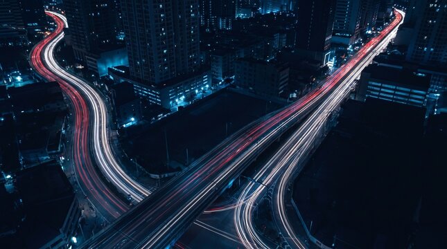 Night city traffic light trails on highway overpass, aerial view of urban road infrastructure.