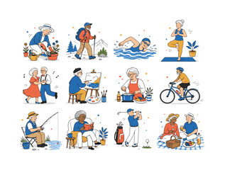 Fototapeta premium Active Senior Hobbies clean editorial illustration set, 12 separate small editorial illustrations featuring older adults gardening, hiking, swimming, practicing yoga, dancing, painting, cooking,