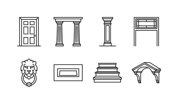 Classic Doorway Details, line icon set featuring front door, columns, pilaster, transom window, knocker, mail slot, porch step, covering residential architecture, classic entrances, facade design,
