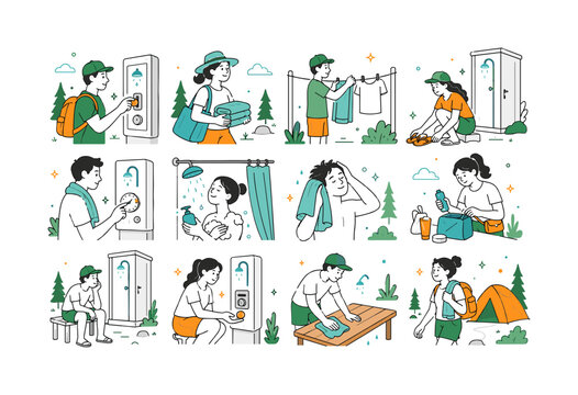 Campground Coin Shower Stop. Camping hygiene, coin-operated showers, summer travel, towels, toiletries, and outdoor routines. 12 minimalist editorial vector scenes: camper inserting a coin, traveler