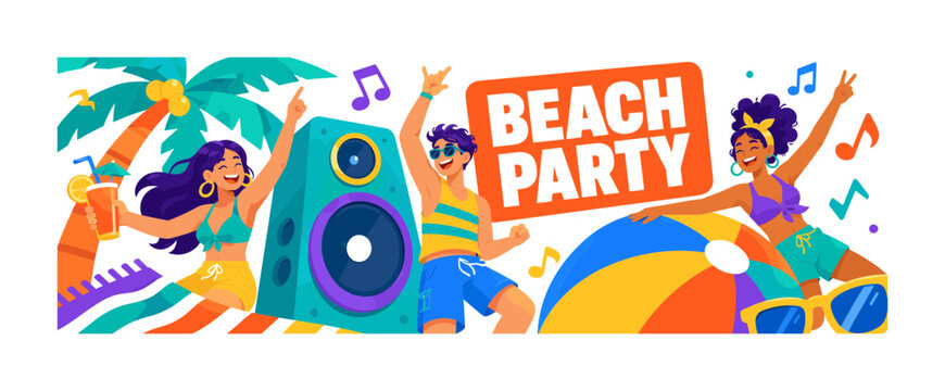 Beach Party wide panoramic website header banner with 3 expressive stylized friends dancing around oversized beach speaker and giant beach ball reaching all four edges, with cocktail cup, palm tree,