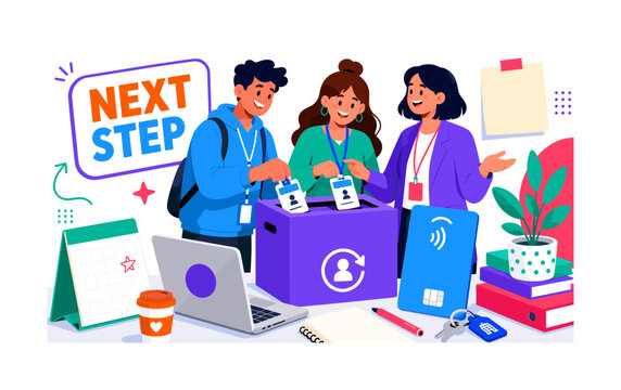 Intern Badge Return banner showing 2 interns and one HR teammate placing badges into one oversized return box beside one giant access card, desk calendar, laptop, farewell note, plant and office keys