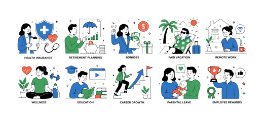 Fototapeta premium Employee Benefits Collection, clean editorial illustration set, 10 separate workplace illustrations featuring health insurance, retirement planning, bonuses, paid vacation, remote work, wellness,
